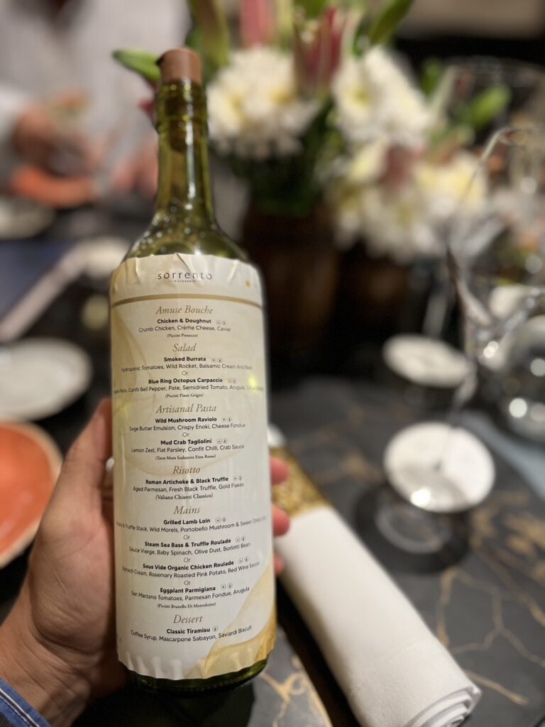 Innovative menu presentation at Piccini wine dinner in  Sorrento Italian restaurant at Shangrila-Eros Hotel New Delhi.