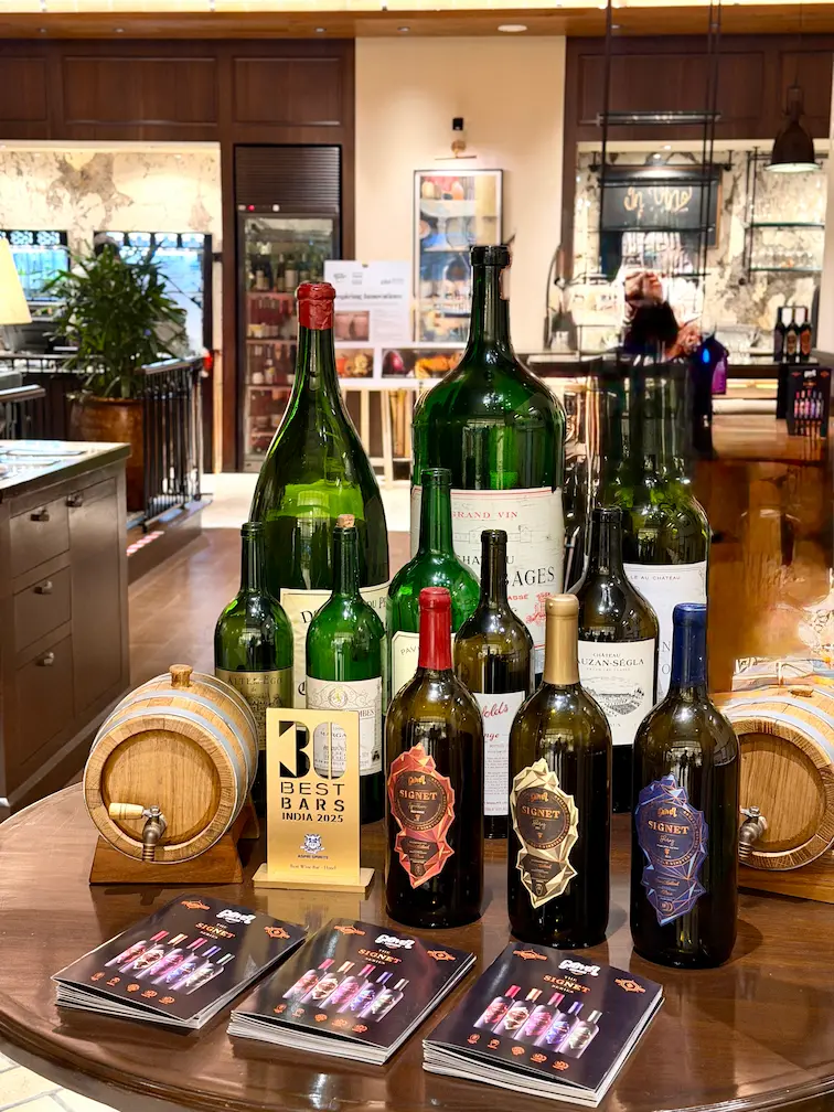 Magnums of Grover's Signet wines adorning the show-table at the New Delhi launch event