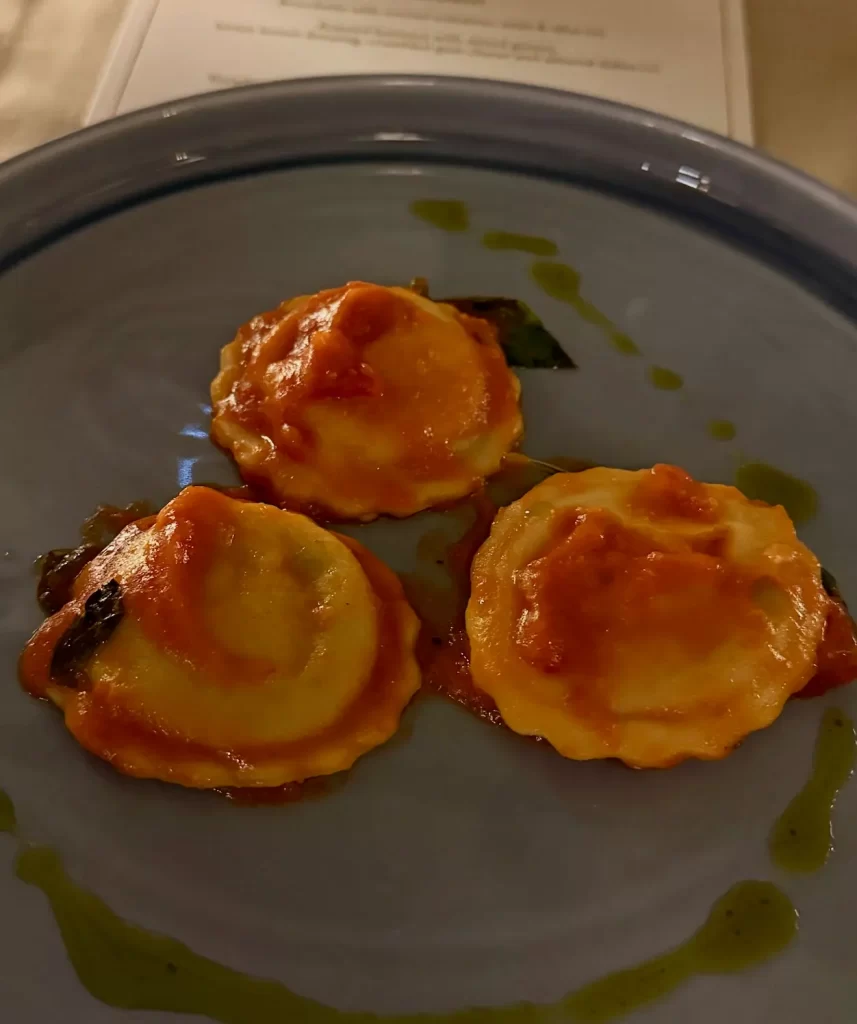 Tortelli stuffed with smoked eggplant, light pomodoro sauce