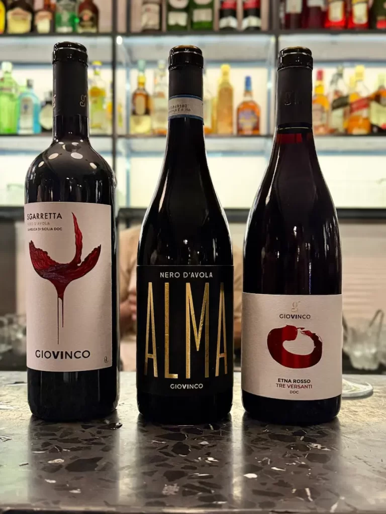 (L-R) Giovinco Nero d’Avola Sambuca di Sicilia DOC, Giovinco Alma Nero d’Avola and Giovinco Etna Rosso Tre Versanti DOC