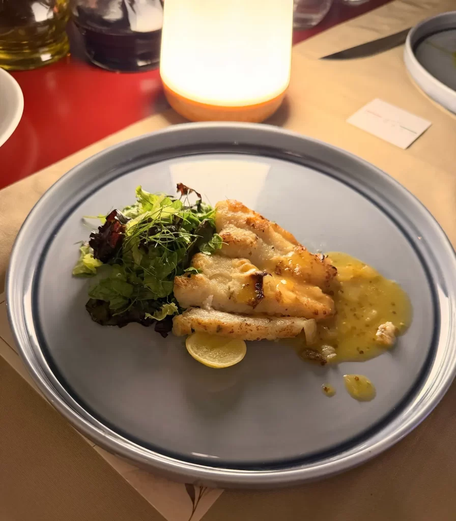 Pan Grilled John Dory with misticanza and served with orange and mustard sauce