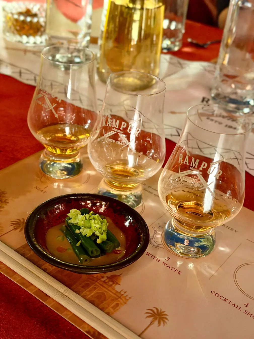 A flight of Virasat whiskey tasted in three different ways 